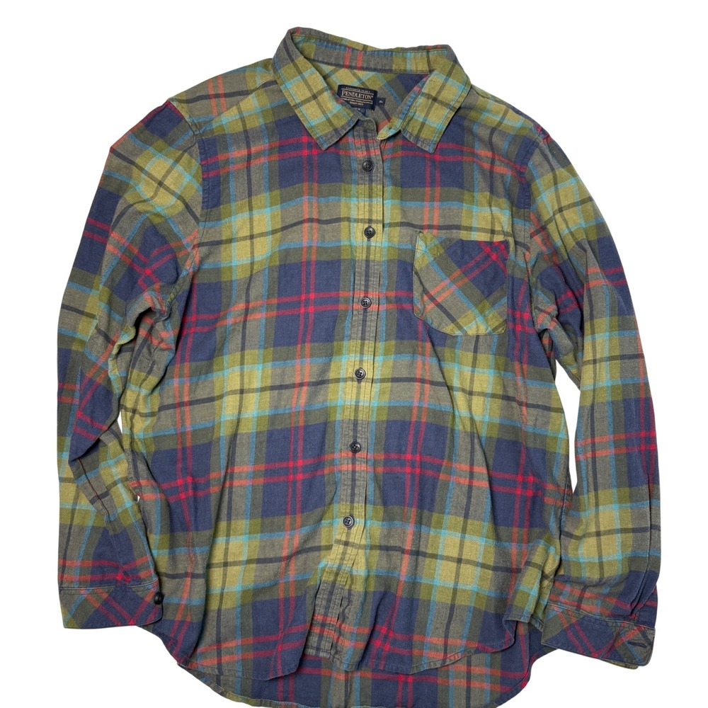 Pendleton XL cotton Flannel Shirt Green Blue Plaid Button Down Long Sleeve Top